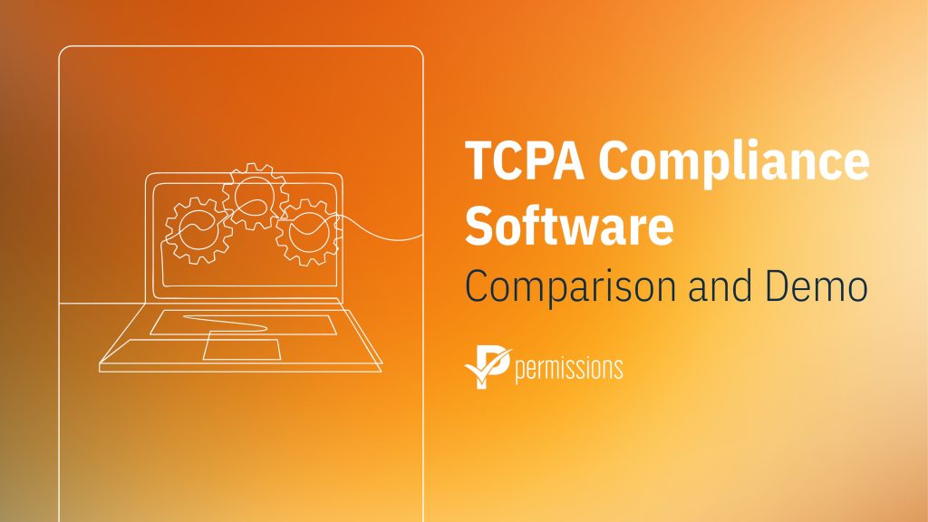 A warm-toned digital illustration features a laptop with interlocking gears on its screen, next to the text “TCPA Compliance Software: Comparison and Demo” and the Permissions.com logo. This visual promotes an overview of TCPA compliance software capabilities and solutions.